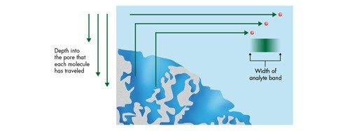 Abbildung 29: Massentransfer [Diffusion] in eine und aus einer chromatographischen Pore