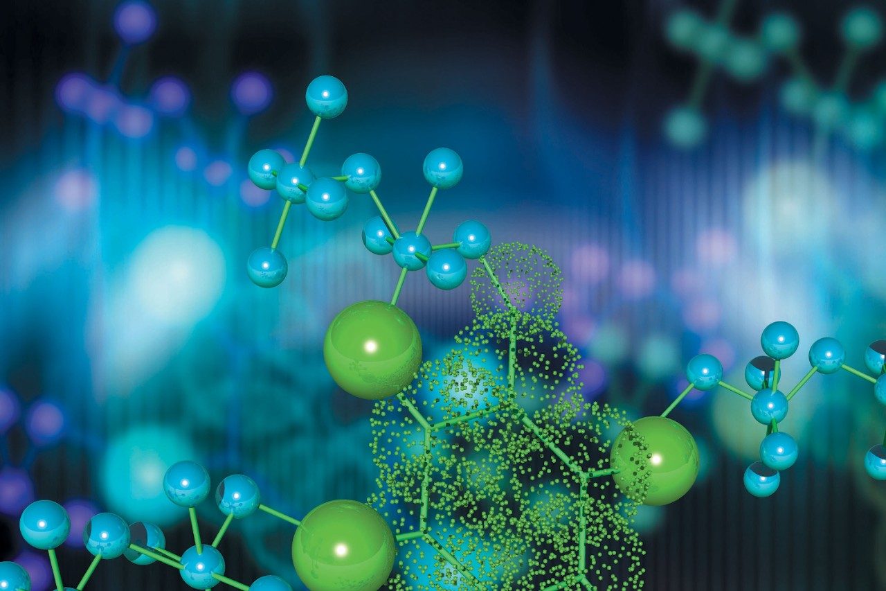 Blue and green molecules on background