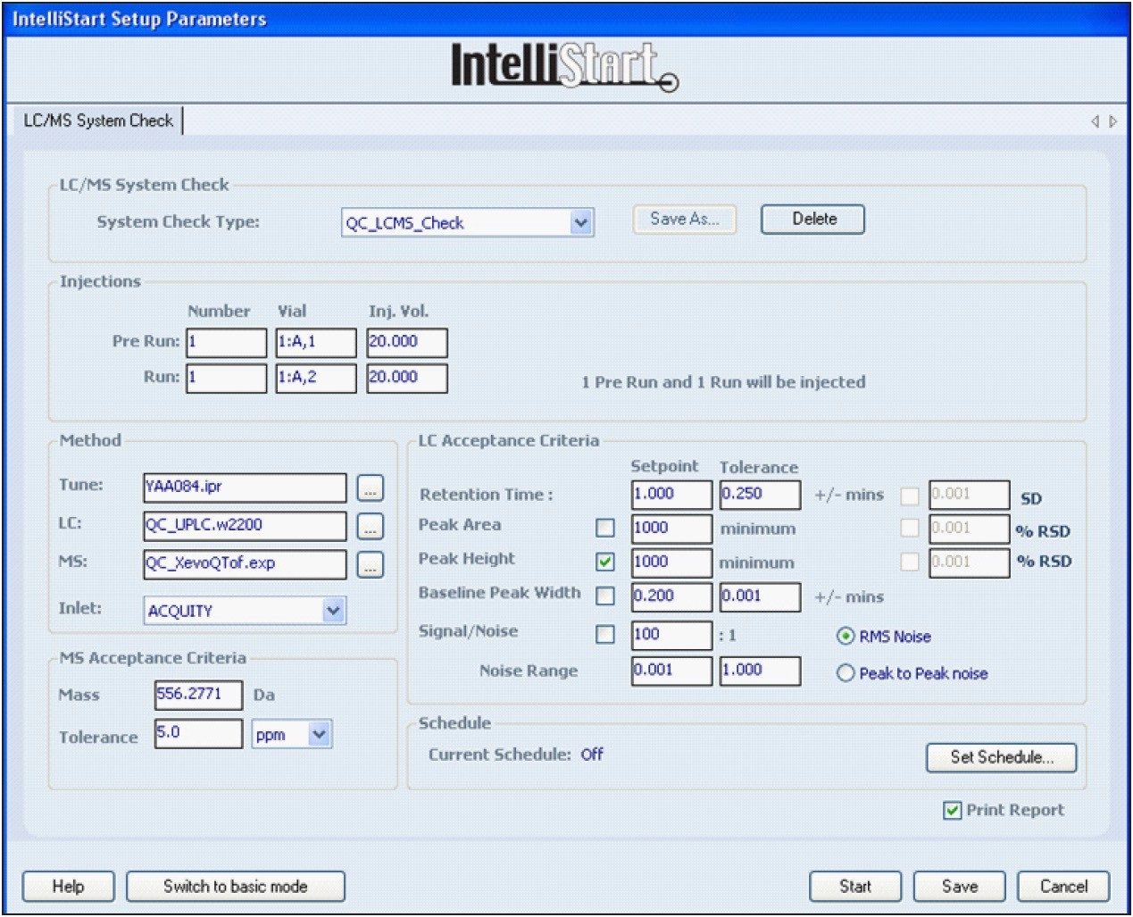  LC-MS system check ensures that both the LC and MS are working within acceptance criteria set by the user prior to analysis.