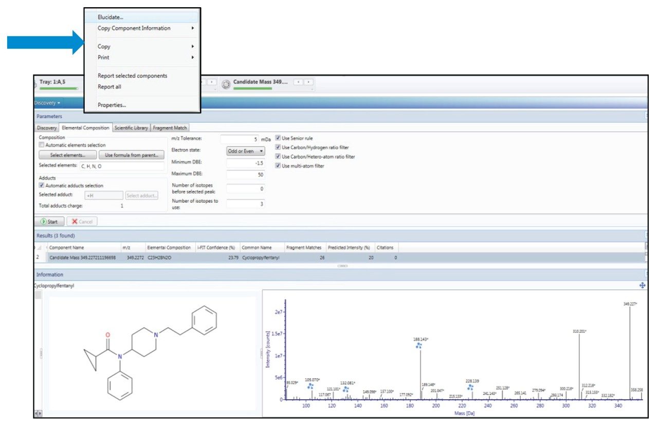 On selection of the component peak of the unknown for the elucidation process, an automated discovery sequence is triggered which includes searching external Scientific libraries