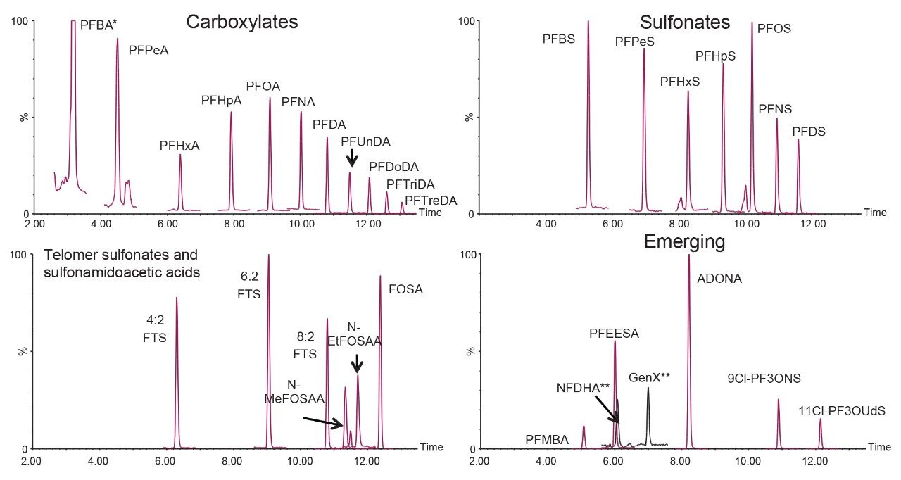 Chromatograms demonstrating the PFAS detected 