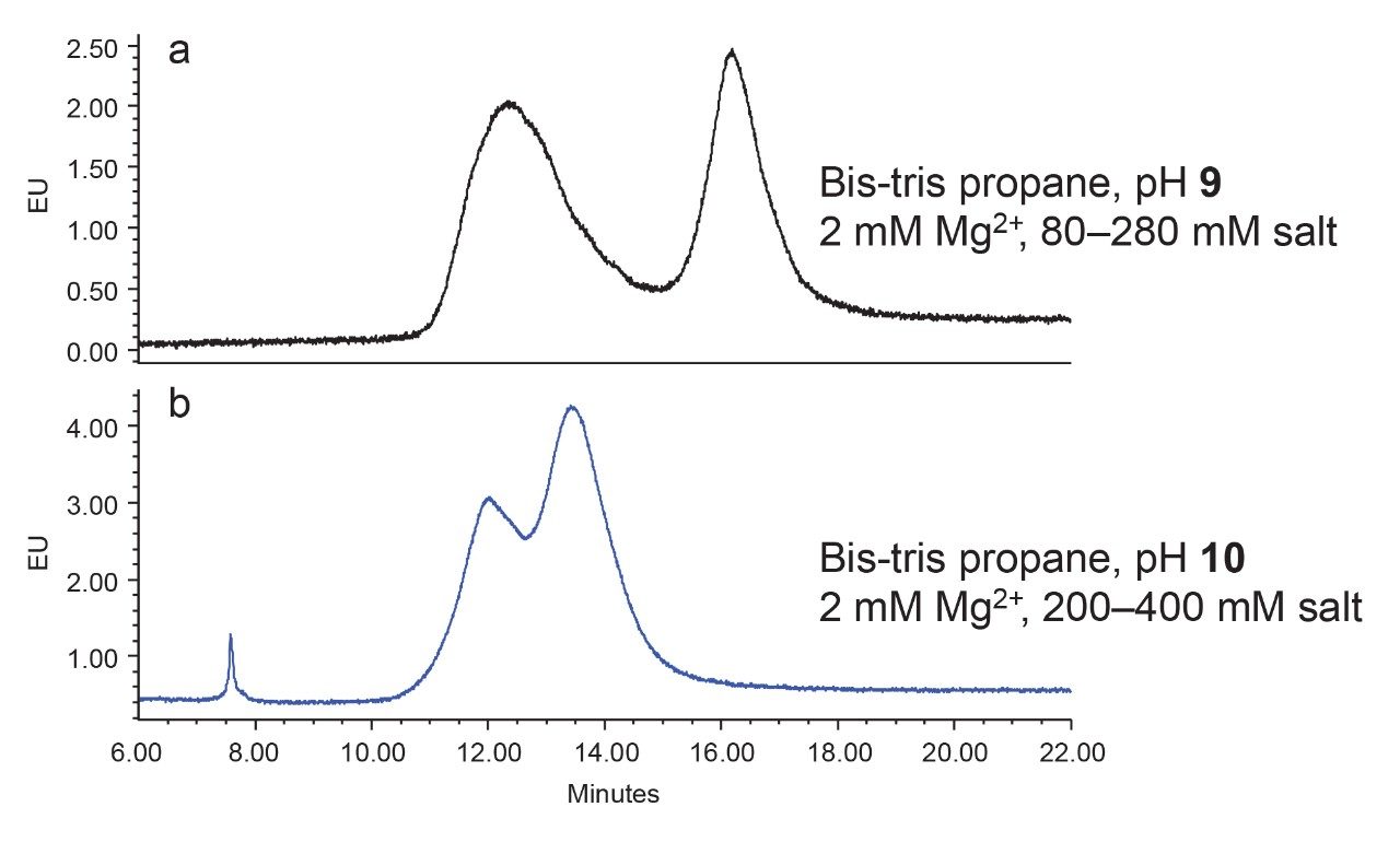 Effect of pH on AAV8 empty and full capsid separation.