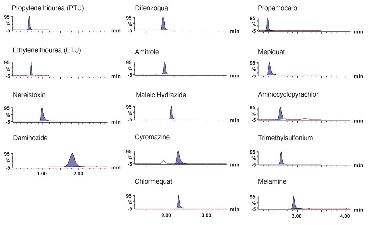 Example chromatograms for a 0.02 mg/kg (0.5 mg/kg maleic hydrazide) wheat flour matrix matched calibration standard.