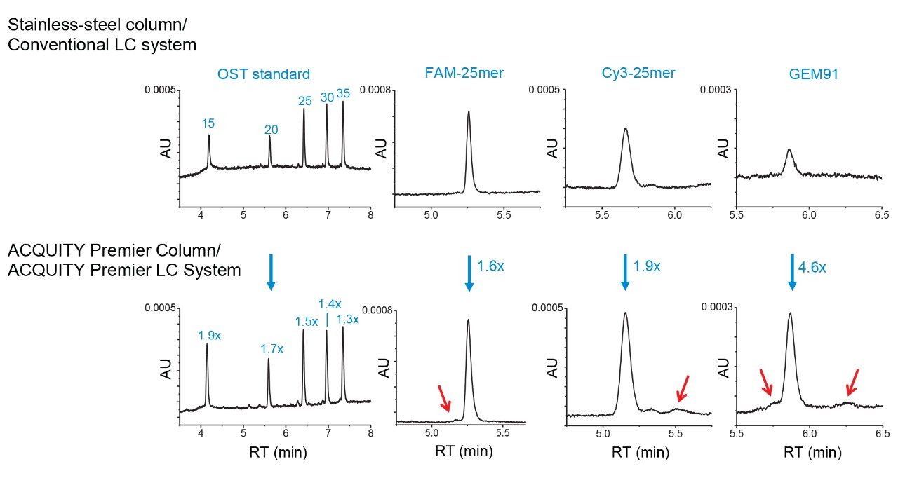 ACQUITY PREMIER Solutions show increased recovery of various oligonucleotide types at sub-nanogram mass loads.