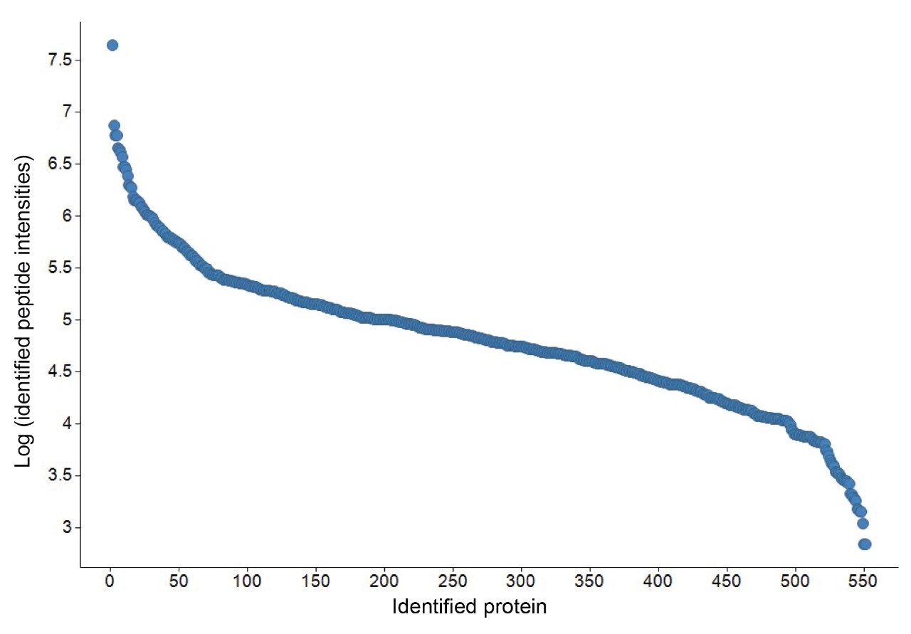 Dynamic range of intensities of matched peptides for each protein identification