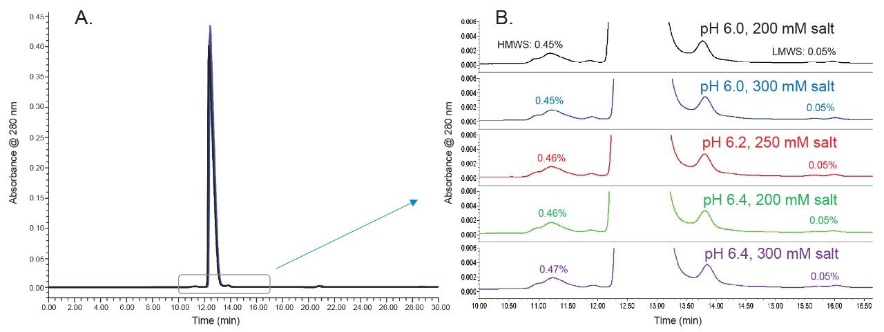  USP Monograph Method for Monoclonal IgG size variant determinations was analyzed on an XBridge Premier Protein SEC 250 Å, 2.5 µm SEC Column under five mobile phase conditions. a. Overlay of the chromatograms in full scale. b. Zoomed-in view of HMWS and LMWS, the average percent peak area of which shown on each chromatogram (n=2).