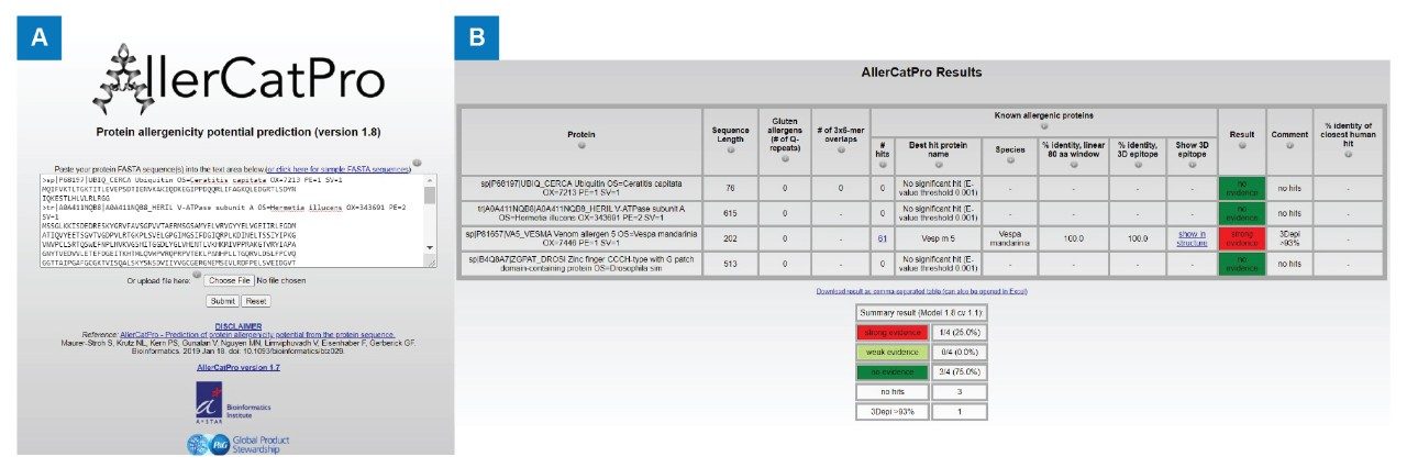 Interface of AllerCatPro when A. submitting protein of interest in FASTA format; and B. output table of the results. 