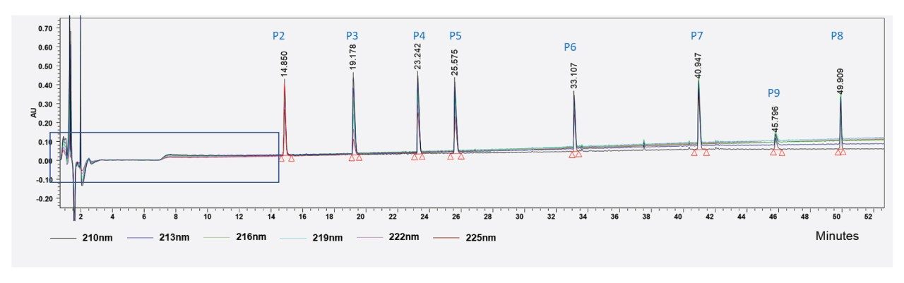 Figure 5. LC-UV-based detection of peptides from MassPREP Peptide Mixture (P1–P9) using formic acid-based mobile phase. The presence of P1 cannot be deciphered unambiguously from this profile (see the rectangular area on the chromatogram). Note the change in the elution pattern of P9 compared to P8