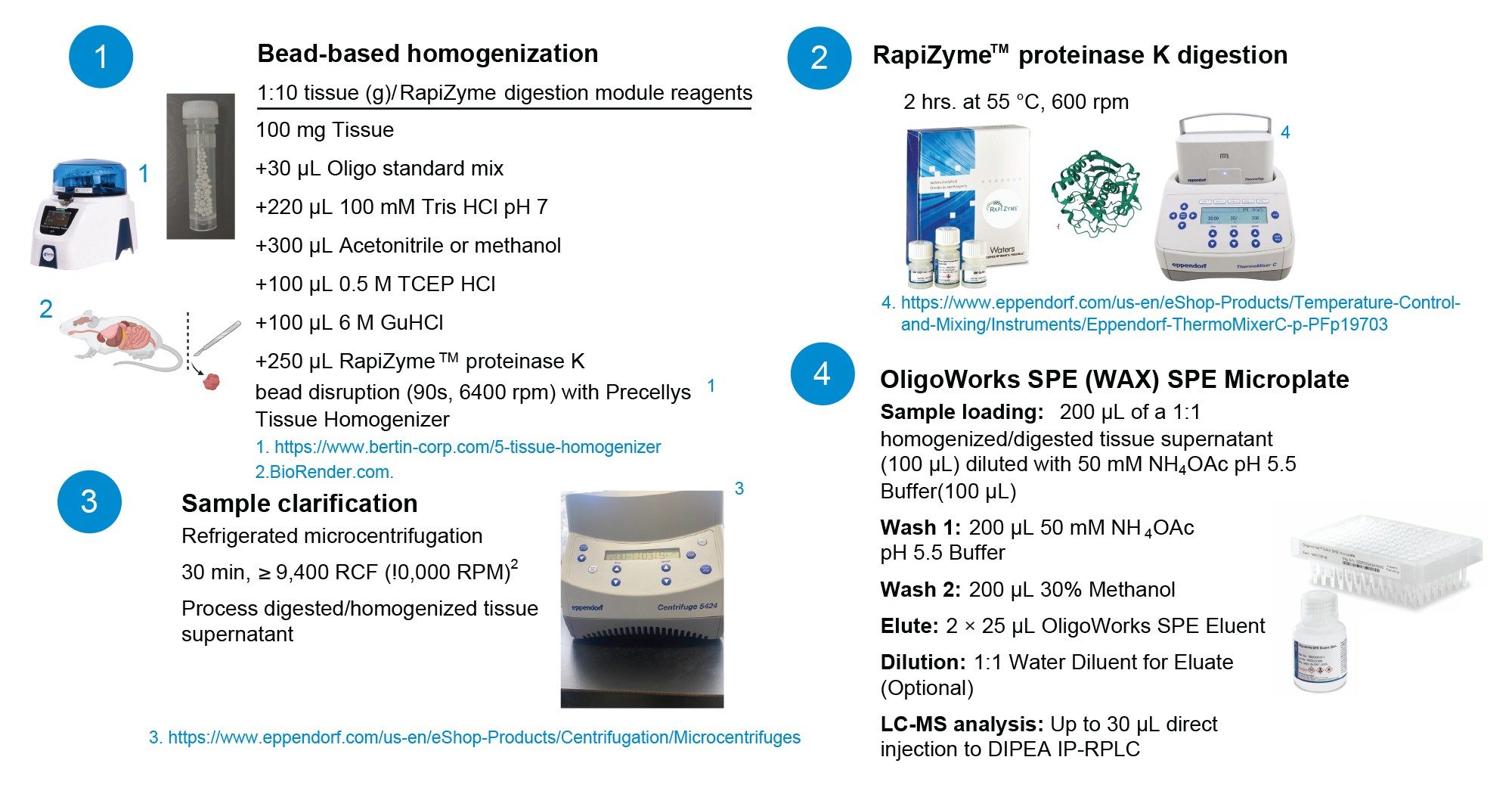 Oligonucleotide tissue extraction workflow and protocol using solvent assisted tissue homogenization and digestion with RapiZyme Proteinase K Digestion Module and OligoWorks SPE Microplate-2 mg/well. Note: equipment referenced is what we use in our lab, but alternate equipment with equivalent capabilities may be used instead