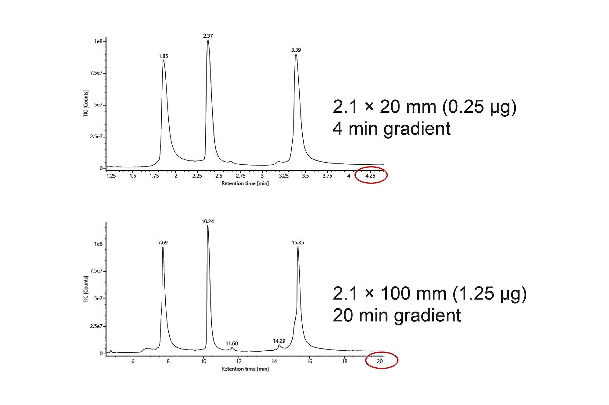 Comparison of LC-MS separation of the mAb Subunit Standard on a 2.1 x 20 mm BioResolve Premier RP mAb Polyphenyl 450 Å 2.7 µm Column (4-minute gradient) and a 2.1 x 100 mm BioResolve RP mAb Polyphenyl 450 Å 2.7 µm Column (20-minute gradient). 