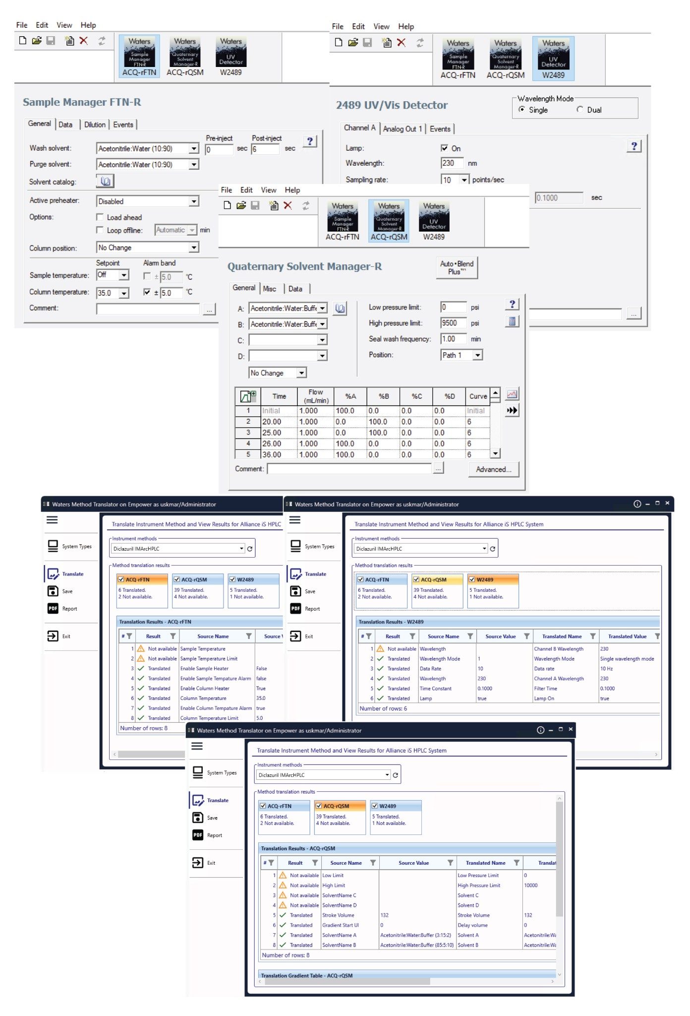 The method created on Arc HPLC System (top) and translated to Alliance iS HPLC System method using the iMTA (bottom)