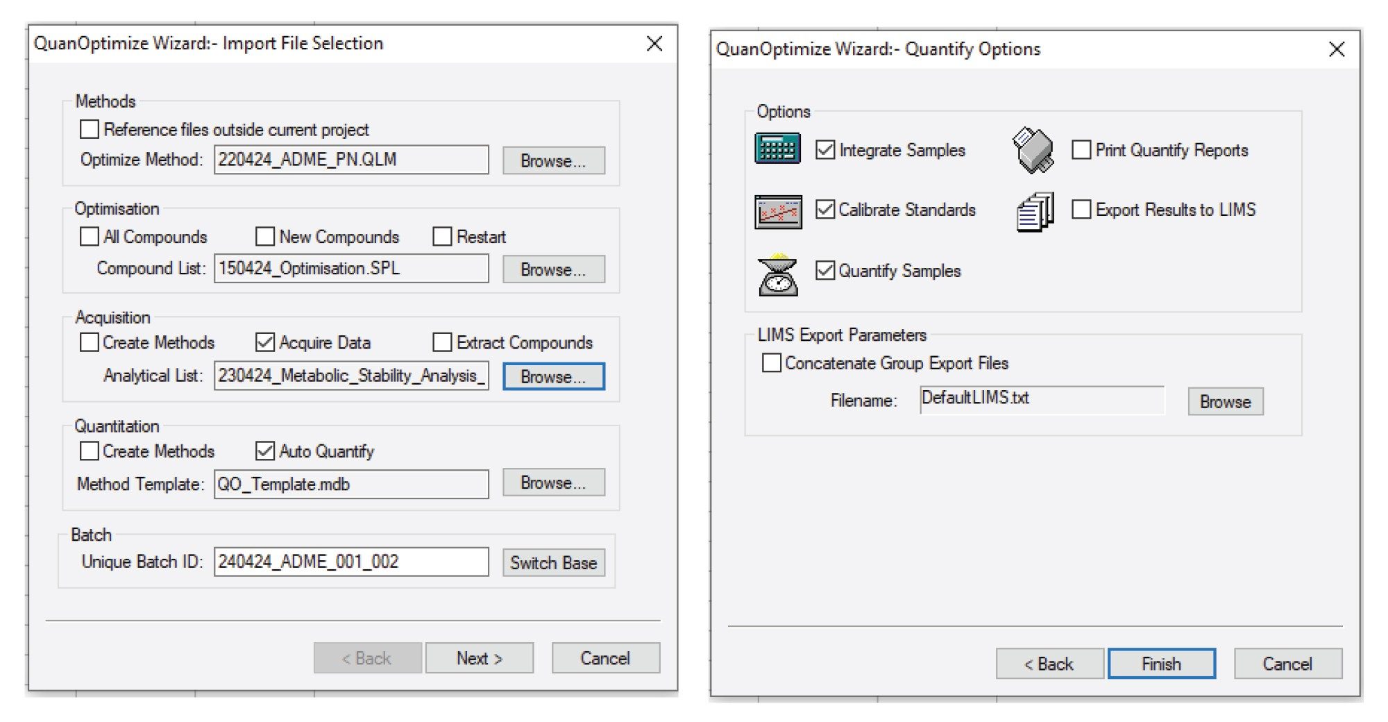 The QuanOptimize Wizard and Quantify options. Steps can be executed together or separately