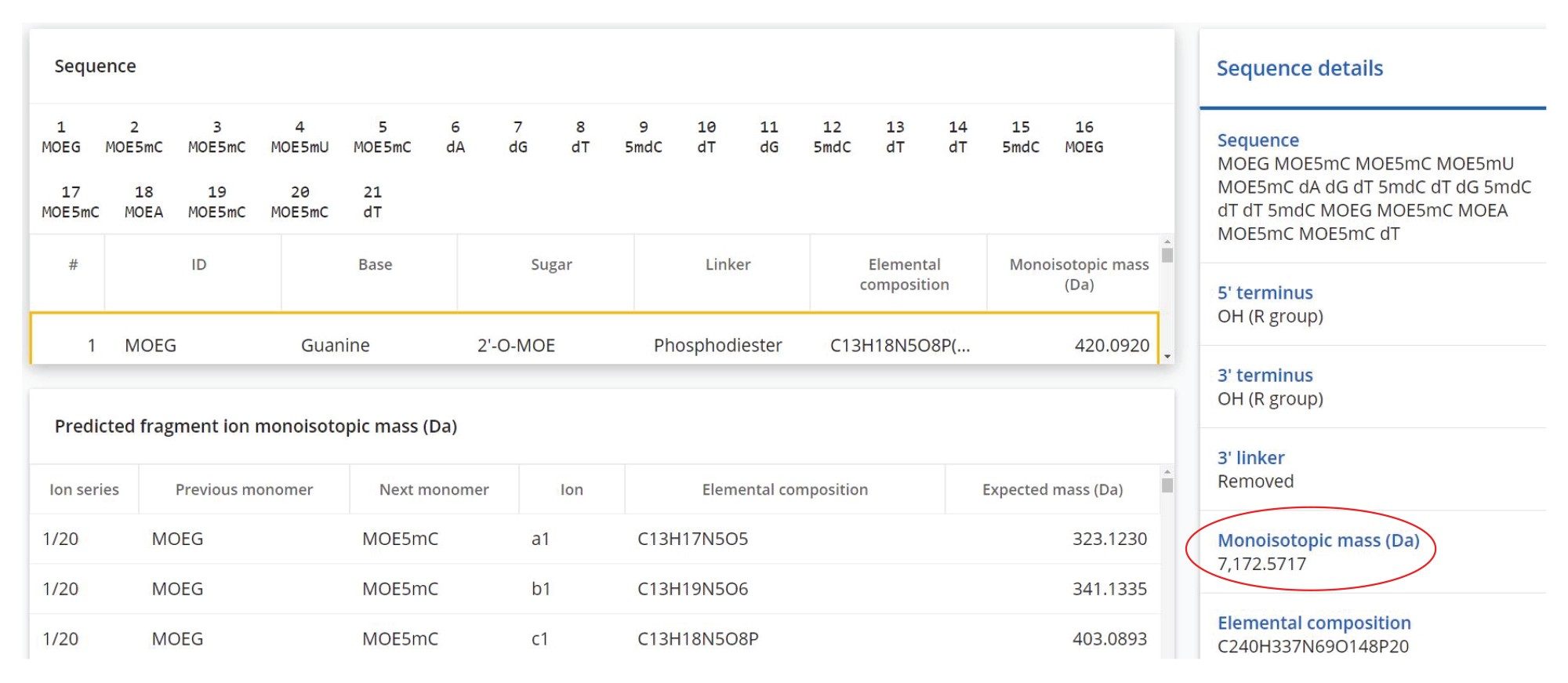 CONFIRM Sequence App screenshot showing the sequence of the 21-mer extensively modified siRNA oligonucleotide as entered in the Synthetic Library