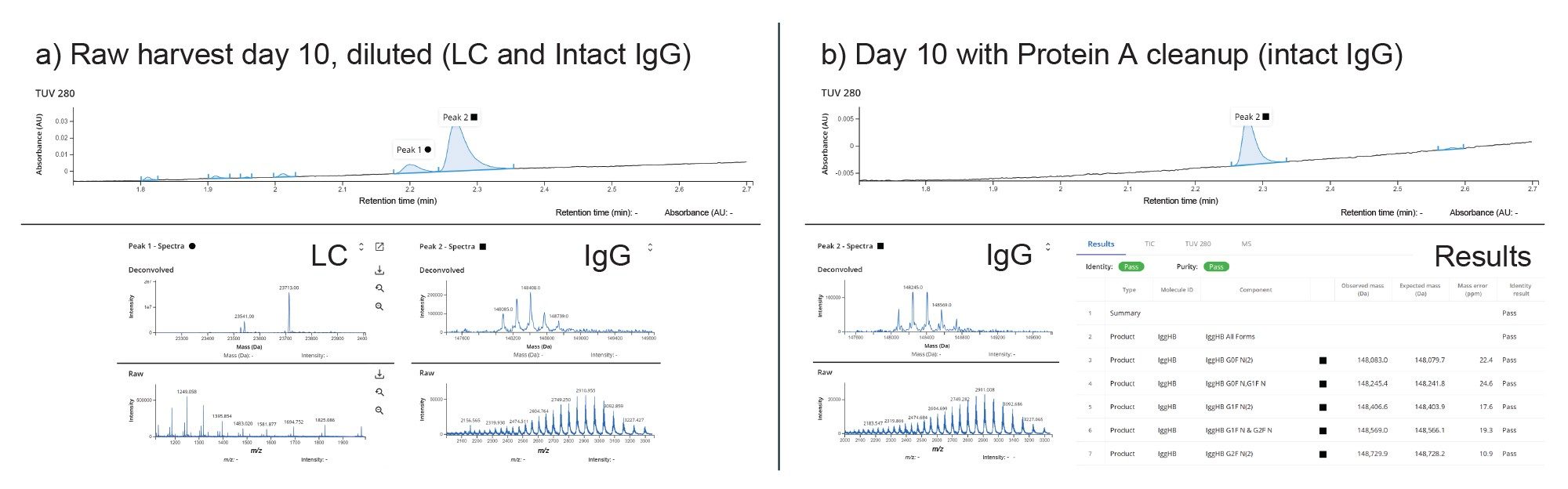 Left panel (a): Day 10 harvested sample, UV chromatogram with spectra for light chain and main IgG peak. Right panel (b): Day 10 protein A purified sample, showing IgG