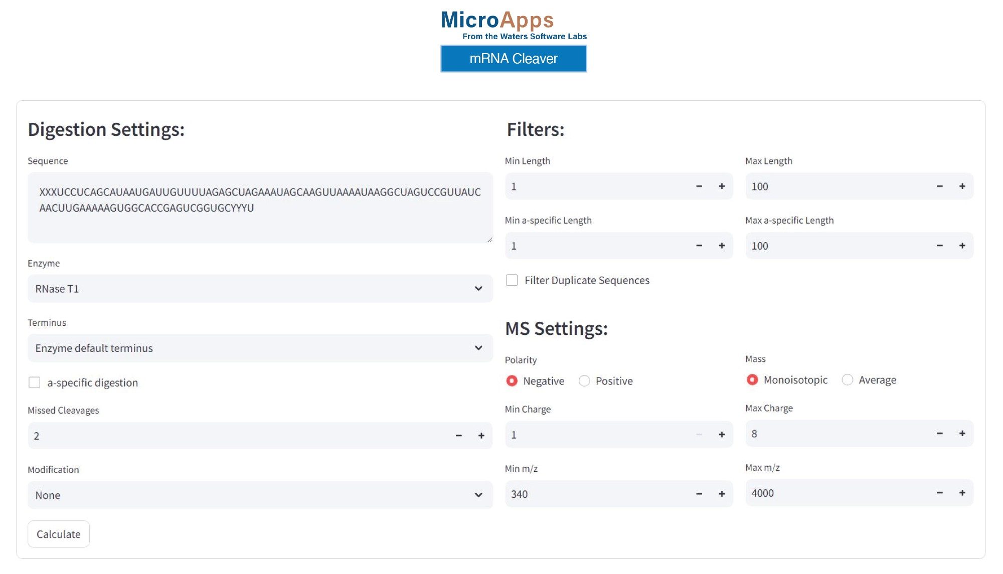 mRNA Cleaver settings used for in-silico prediction of oligonucleotide products resulting from the cleavage of a 100-mer modified sgRNA with RNase T1