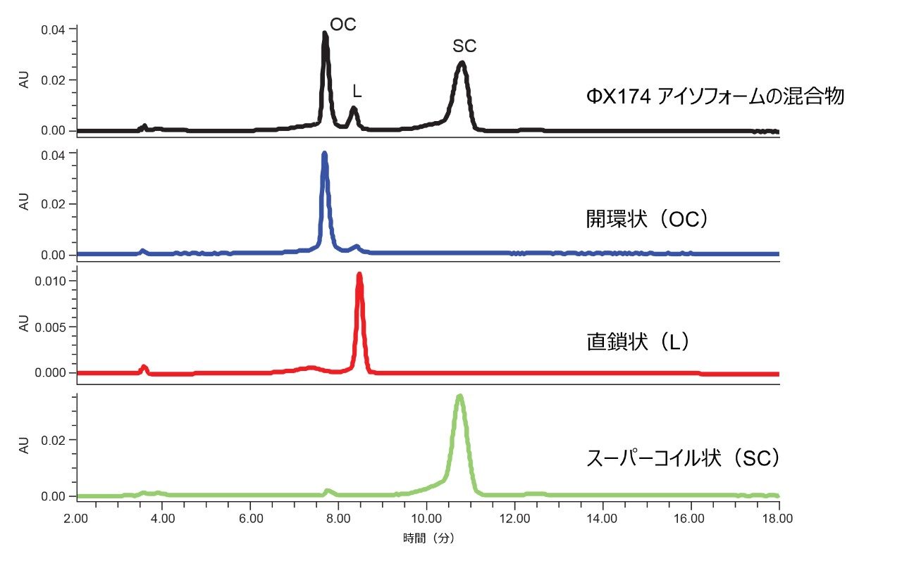 Waters Protein-Pak Hi Res Q カラムでの φX174 プラスミドアイソフォームの分離