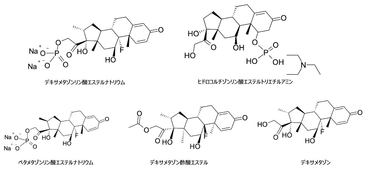 デキサメタゾンリン酸エステルナトリウム、ヒドロコルチゾンリン酸エステルトリエチルアミン、デキサメタゾンリン酸エステル関連化合物の化学構造