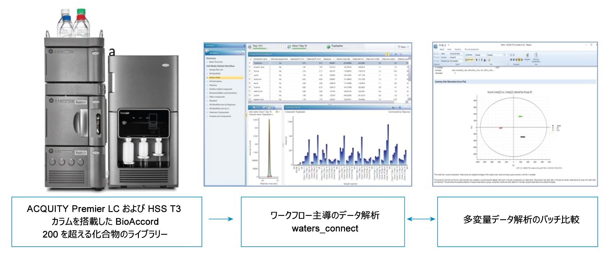 培地分析に用いる BioAccord/waters_connect™ ベースのワークフローの概略図