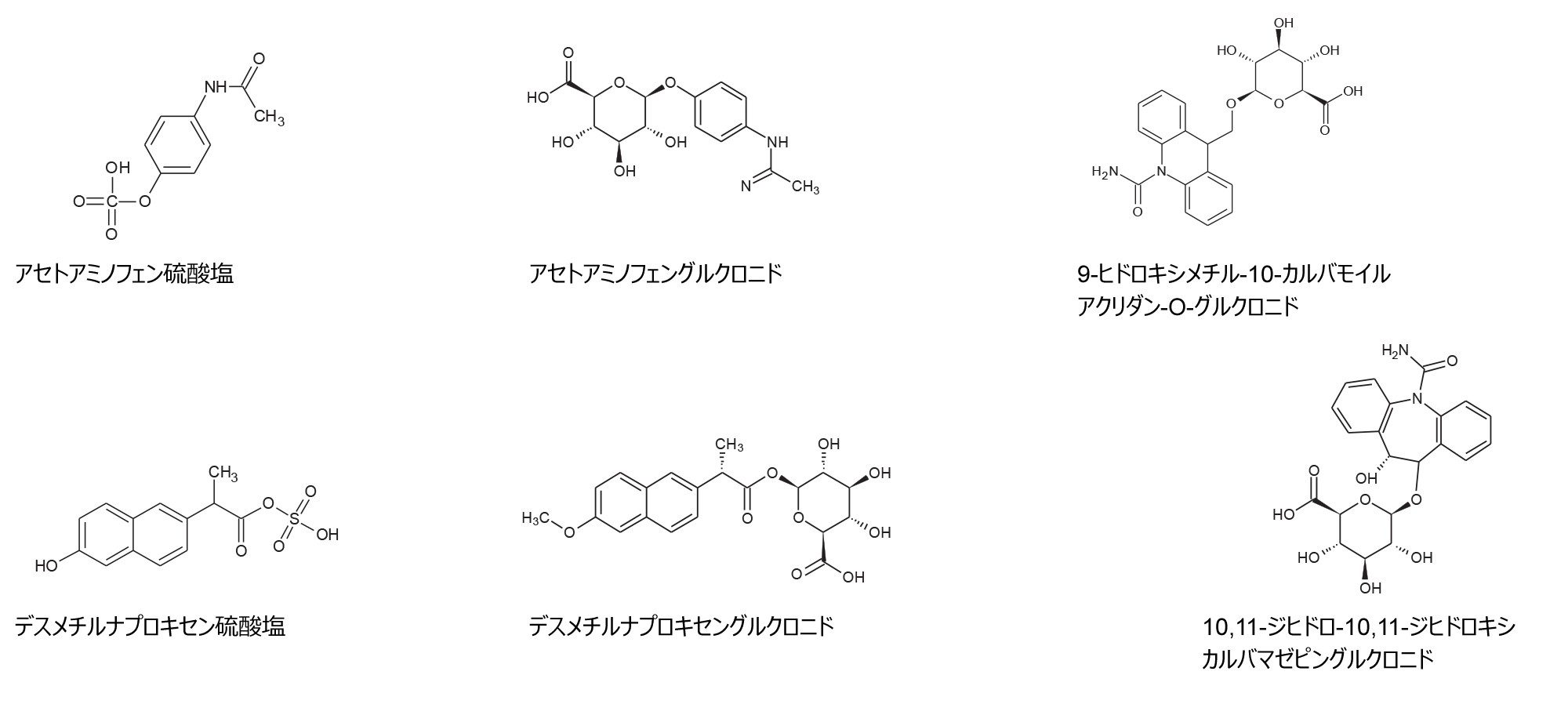 代謝物構造推定ワークフローを使用した、医薬品アセトアミノフェン、カルバマゼピン、ナプロキセンの UPLC-MSE ES- ヒト尿スクリーニングで同定された代謝物の例