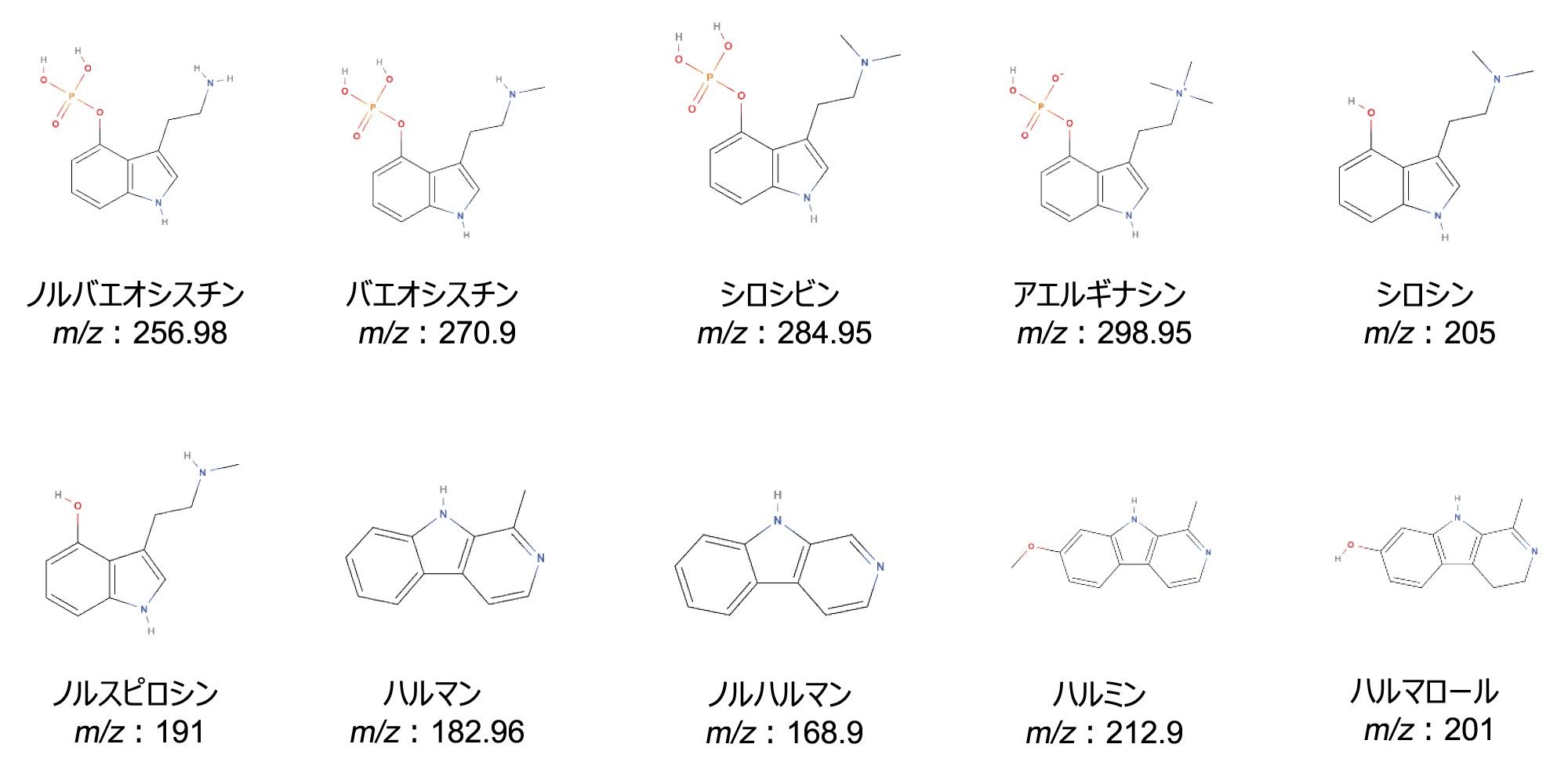 この試験で使用した 10 種の化合物すべての化学構造と対応する m/z。