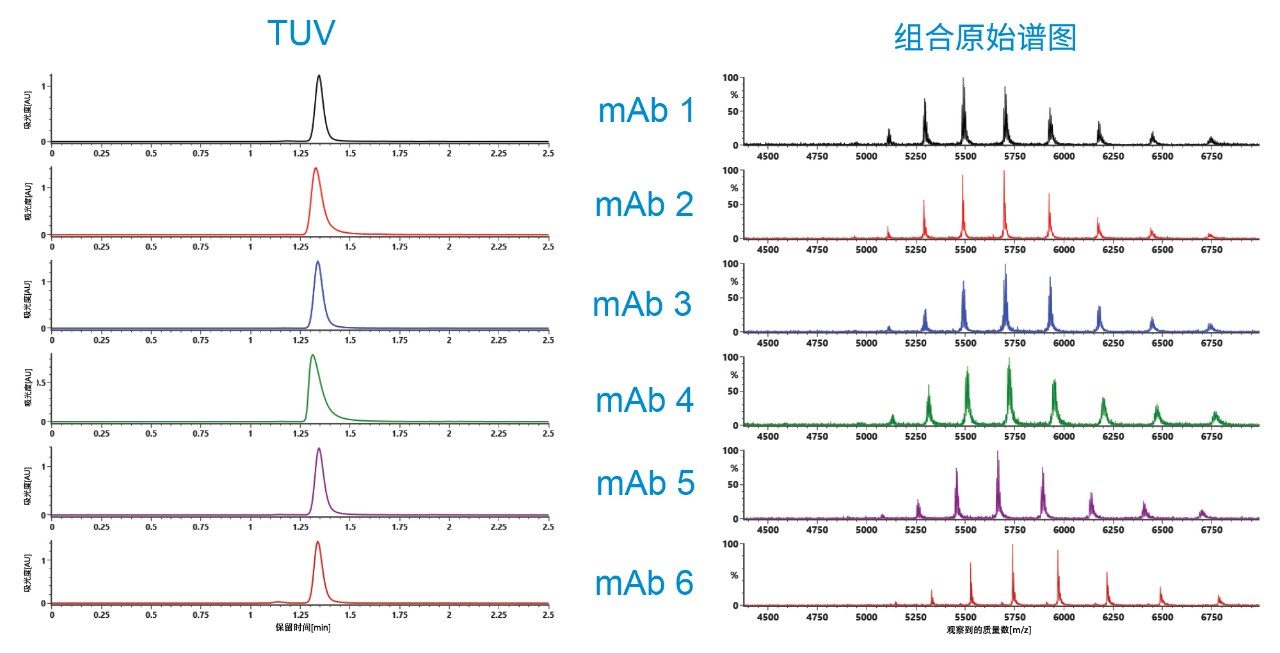 非变性SEC LC-MS HTP方法筛选六种mAb得到的TUV和TIC