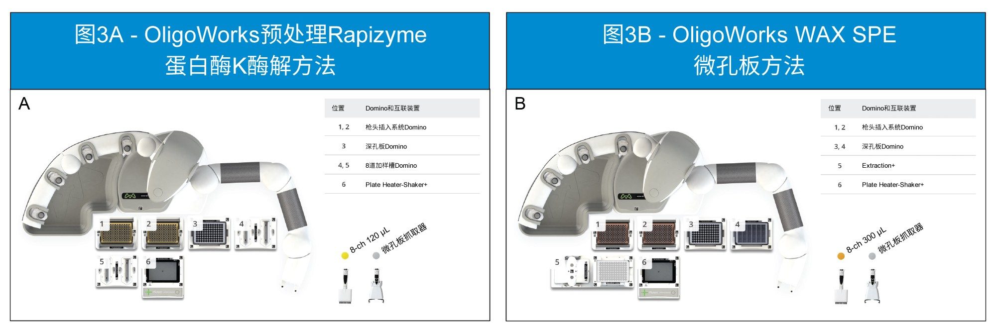 两种布局都展示了执行这些方法所需的所有Domino、互连设备以及移液器的适当放置位置