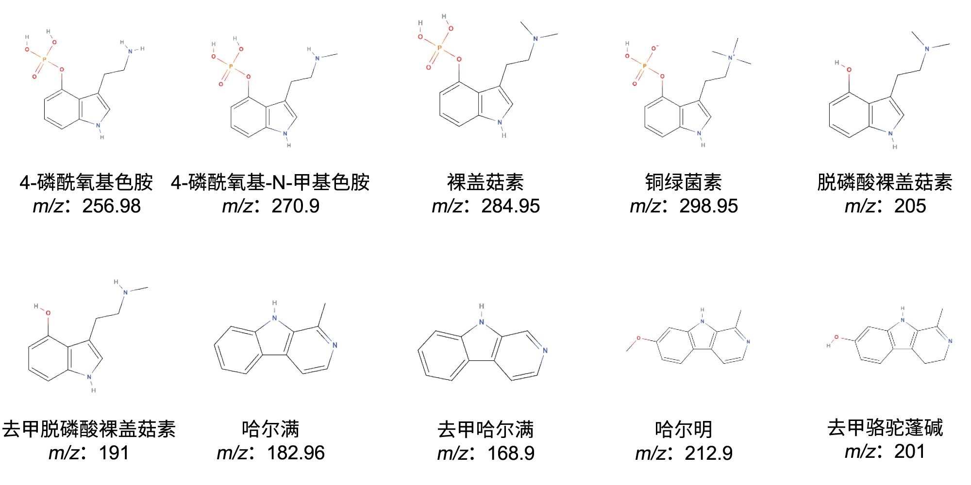 本研究中使用的全部10种化合物的化学结构和相应的m/z。